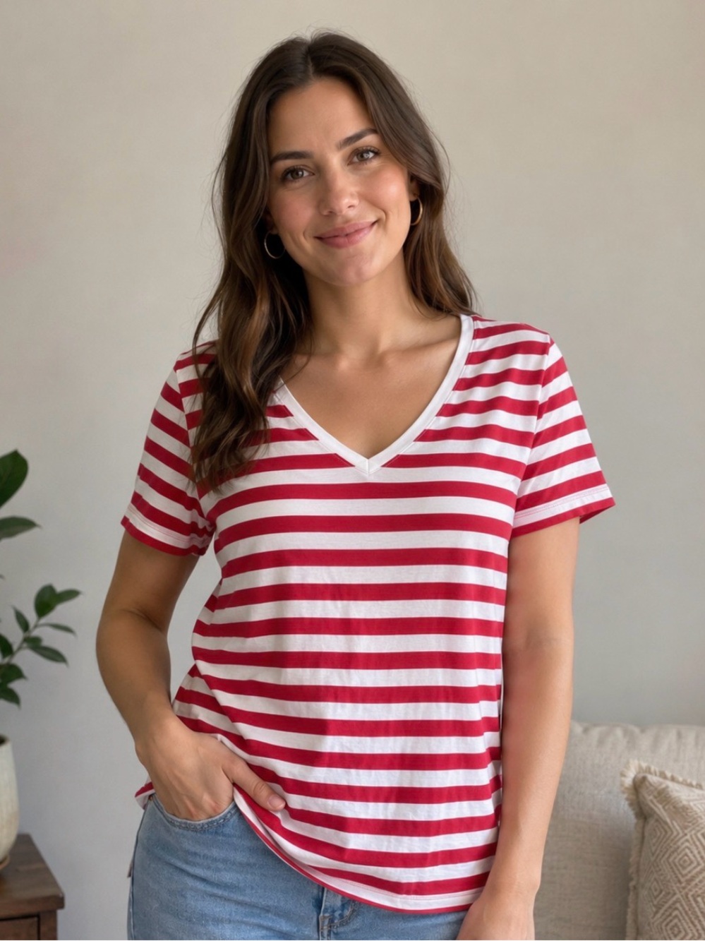 Merona Red and White Striped V-Neck Tee Size XL